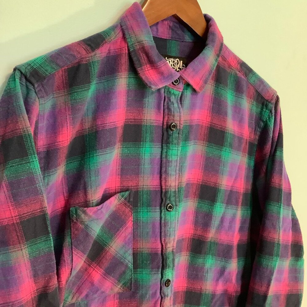 One 24 Rags Plaid Flannel Top – Women’s L – Fringe Hem Grunge Vibes - Picture 2 of 11